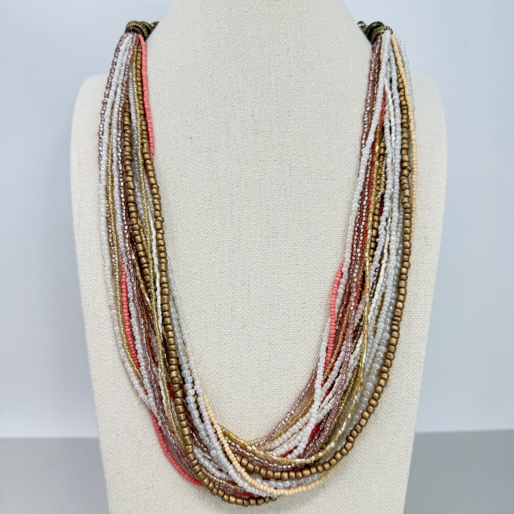 Boho Multi Strand Seed Bead Statement Necklace Coral Gold Bronze Brass Tone